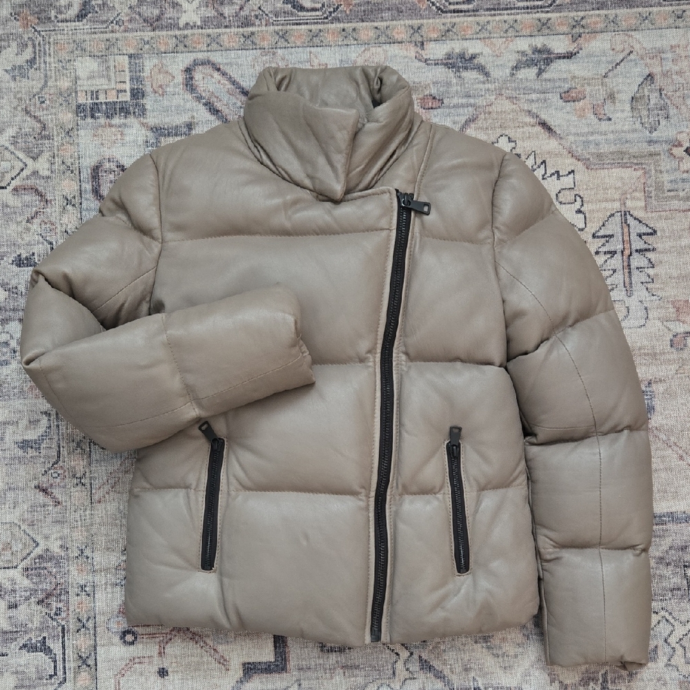 Women's Leather Puffer Jacket with Black Accents